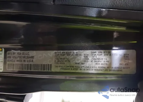 2021 Jeep Gladiator Rubicon 4X4 z USA, uszkodzony, nr VIN 1C6JJTBG1ML554480